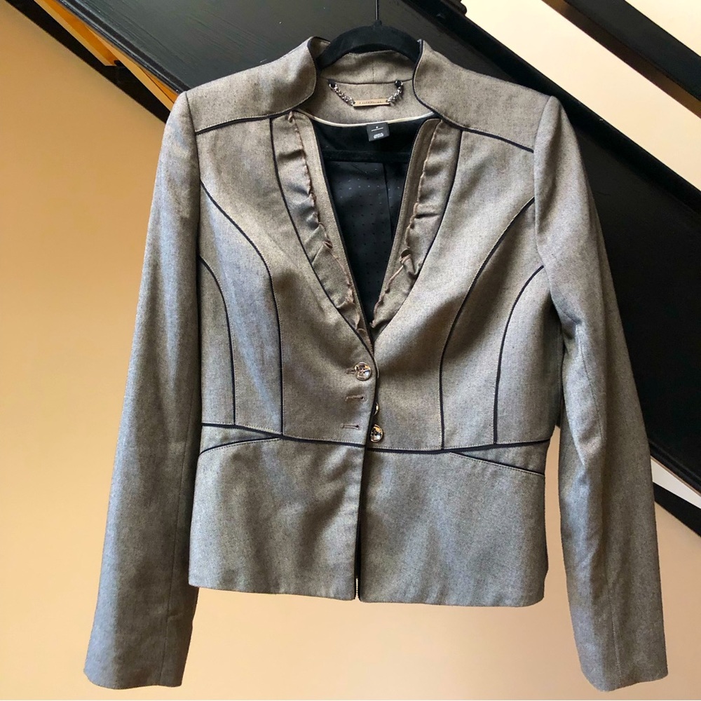 Women’s Taupe/Brown Fitted Jacket, Black Piping Trim, SilverButton Accent, Size6